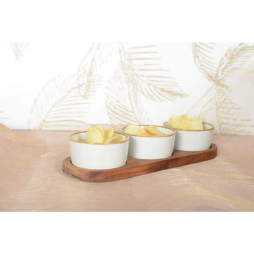 Snacks set of 3 bowls on a wooden tray 29x10x5.1cm - CozyVibe.eu