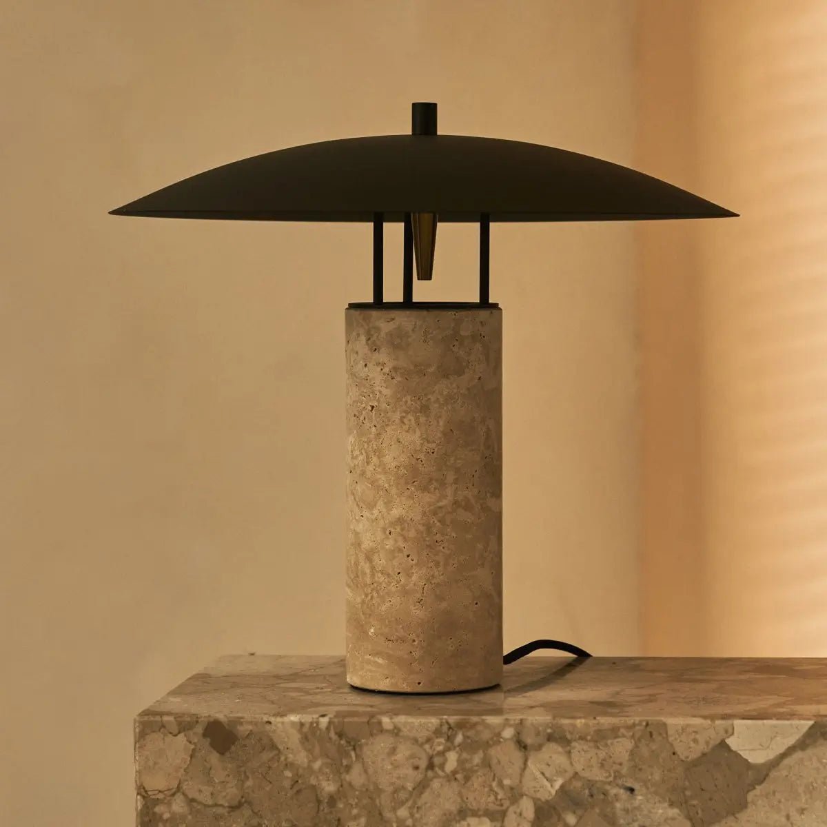 Nicolaas Travertine and Metal Table Lamp