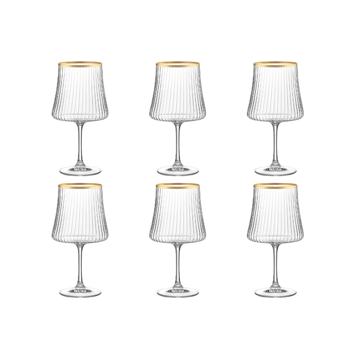 Set of six clear wine glasses with gold rims on a white background