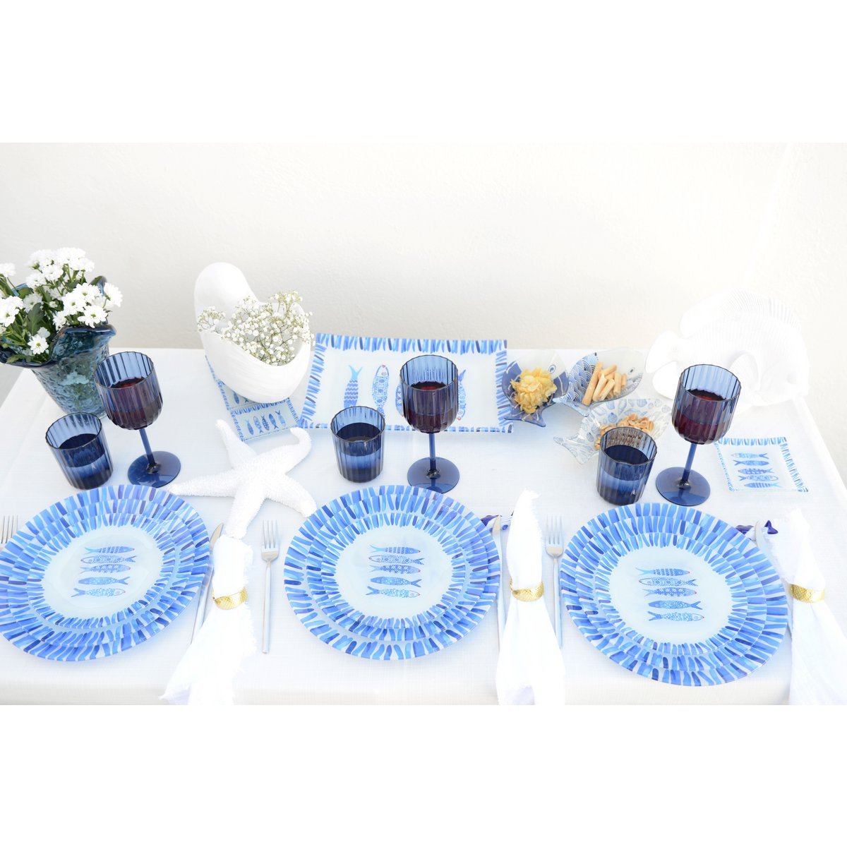 Set van 6 blauwe acrylglazen met ribbelstructuur