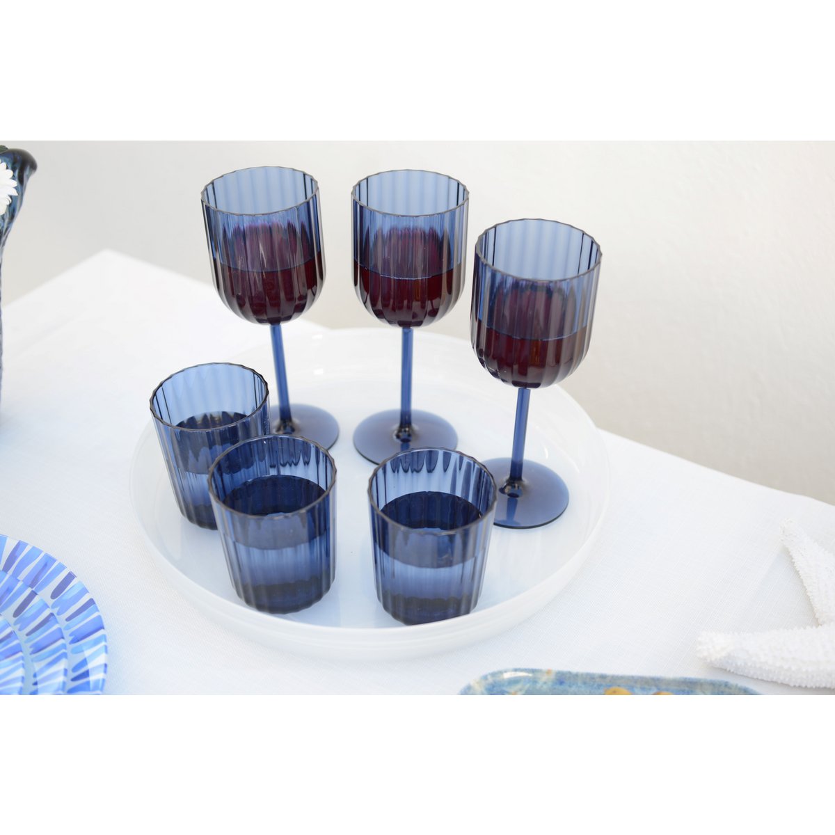 Set van 6 blauwe acrylglazen met ribbelstructuur