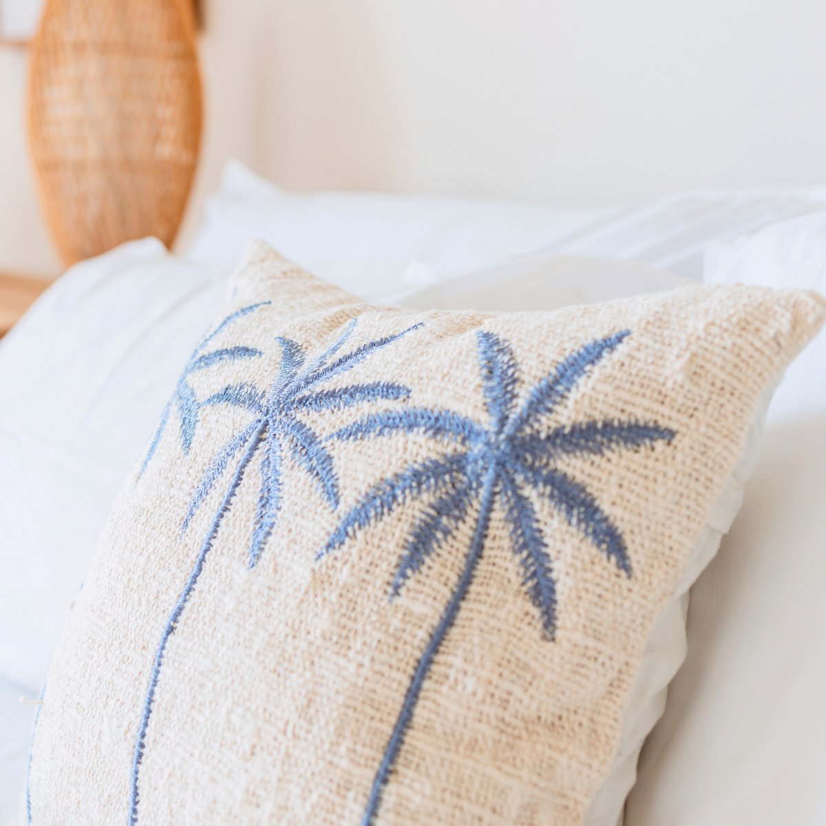 ANARKA Cotton Cushion Cover – Boho Palm Tree Embroidered Pillow - CozyVibe.eu