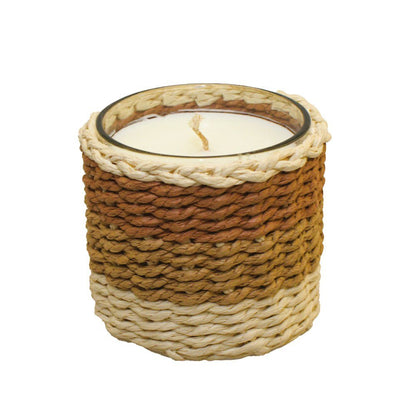 Brown and yellow braided glass candle with 10x10x10cm - CozyVibe.eu
