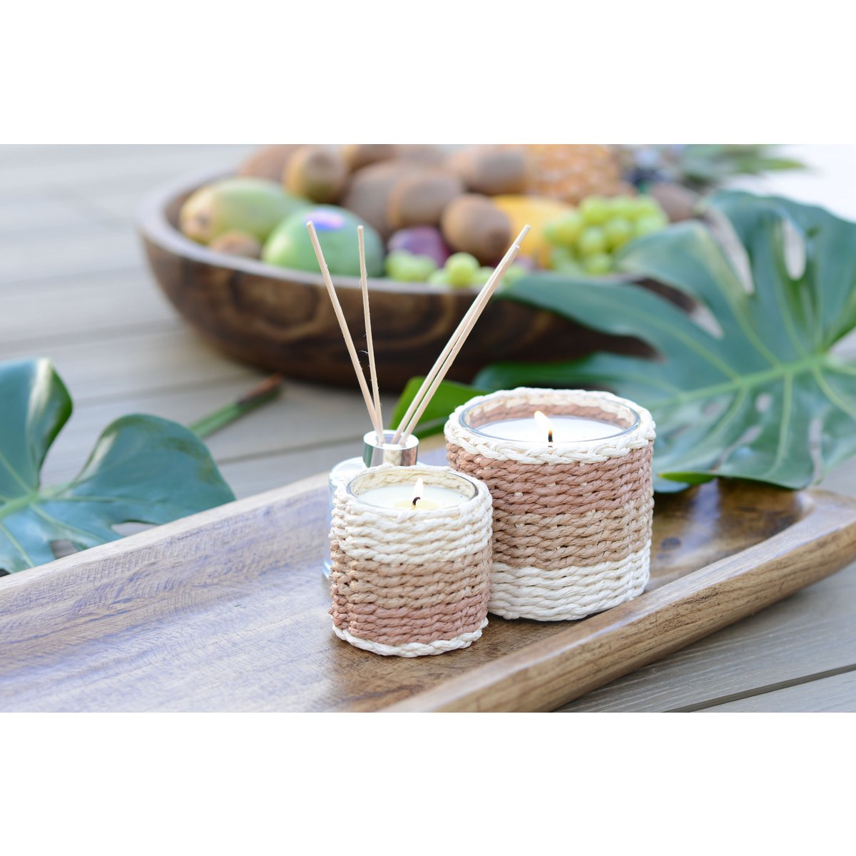 Braided glass candle 7x7x8cm, musk scented, stylish home decor | CozyVibe

