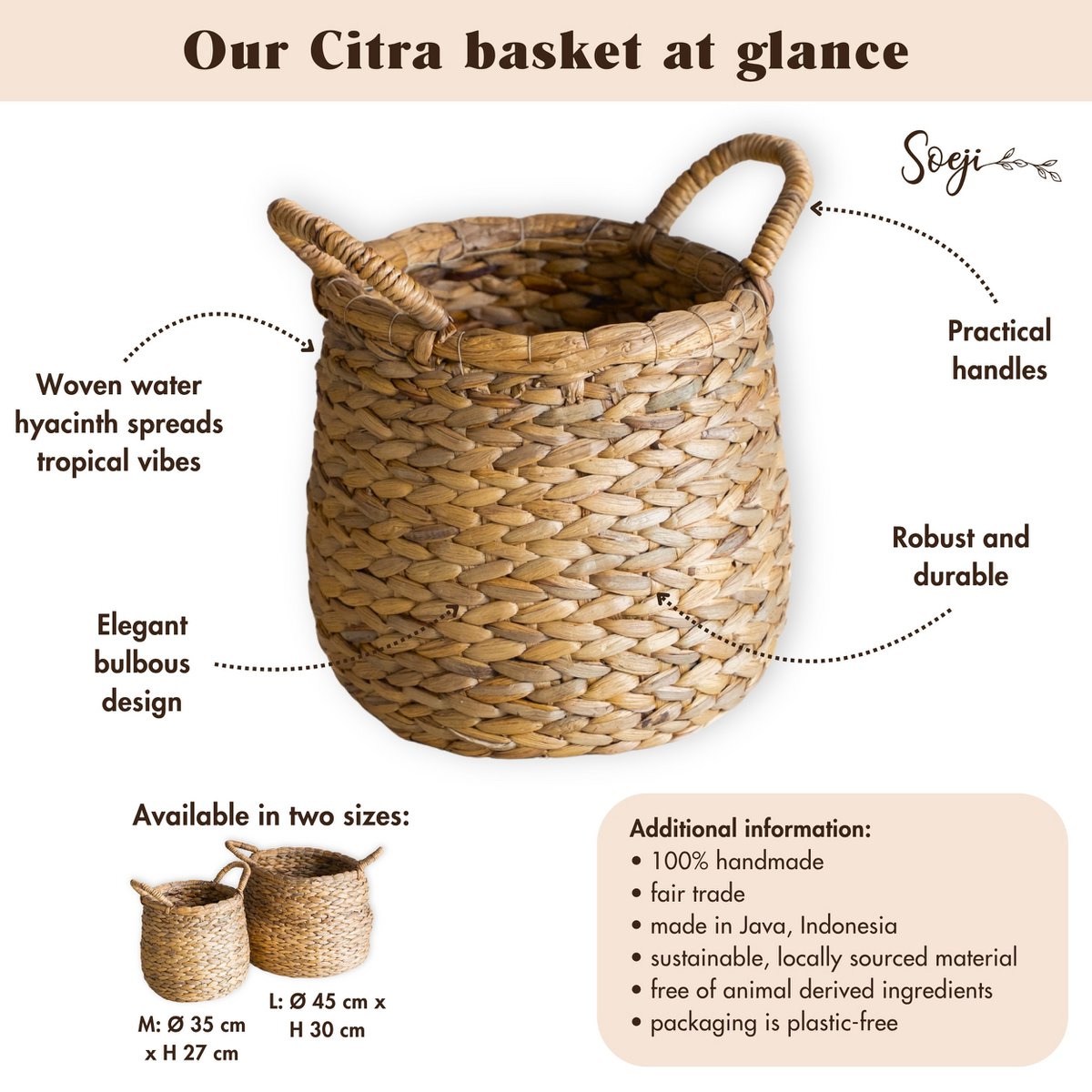 CITRA Round Woven Laundry Basket – Large Water Hyacinth Hamper - CozyVibe.eu
