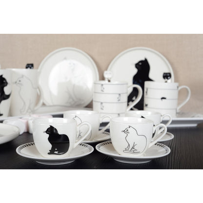Set of 4 cat coffee cups with saucers, black and white ceramic tableware and home decor | CozyVibe

