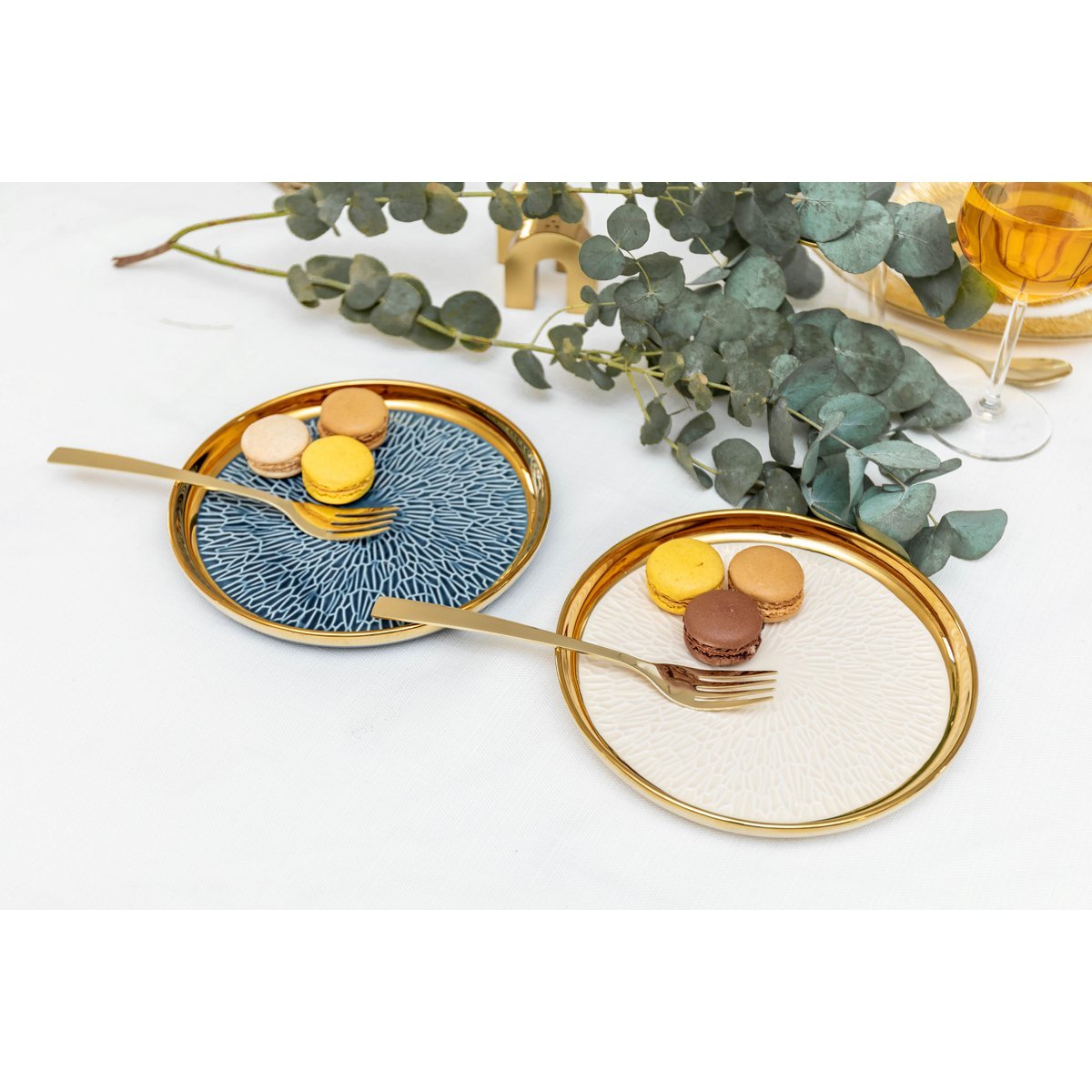 Blue and cream 20 cm dessert plates with gold edge, ceramic set of 4