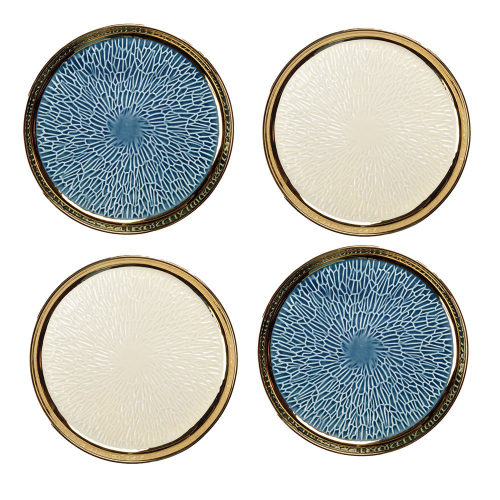 Dessert plate with gold edge 2 blue and 2 cream - Lot of 4 - CozyVibe.eu