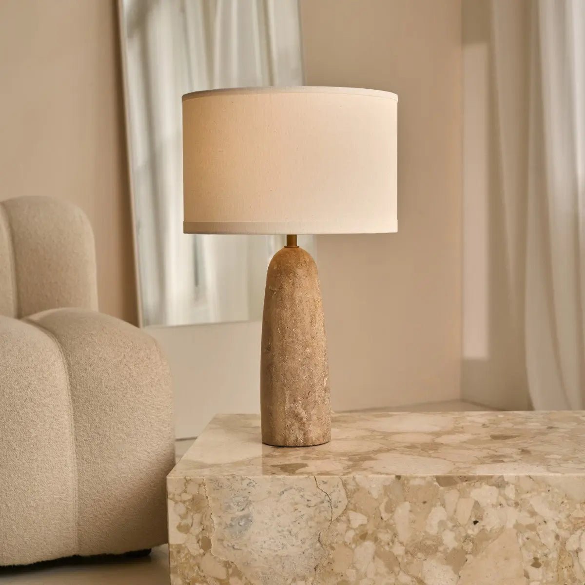 Isla Travertine Table Lamp with Cotton Shade