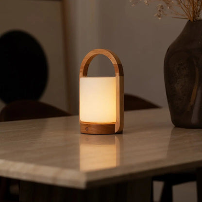 George Light Brown Wooden Lamp – Rechargeable Frosted Glass Design - CozyVibe.eu