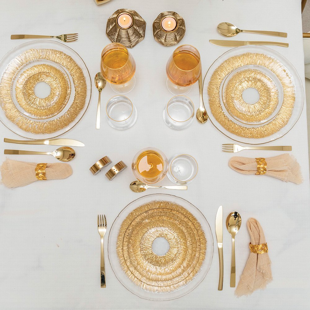 Golden glass dinner plate 28cm, luxury round design, kitchen decor | CozyVibe

