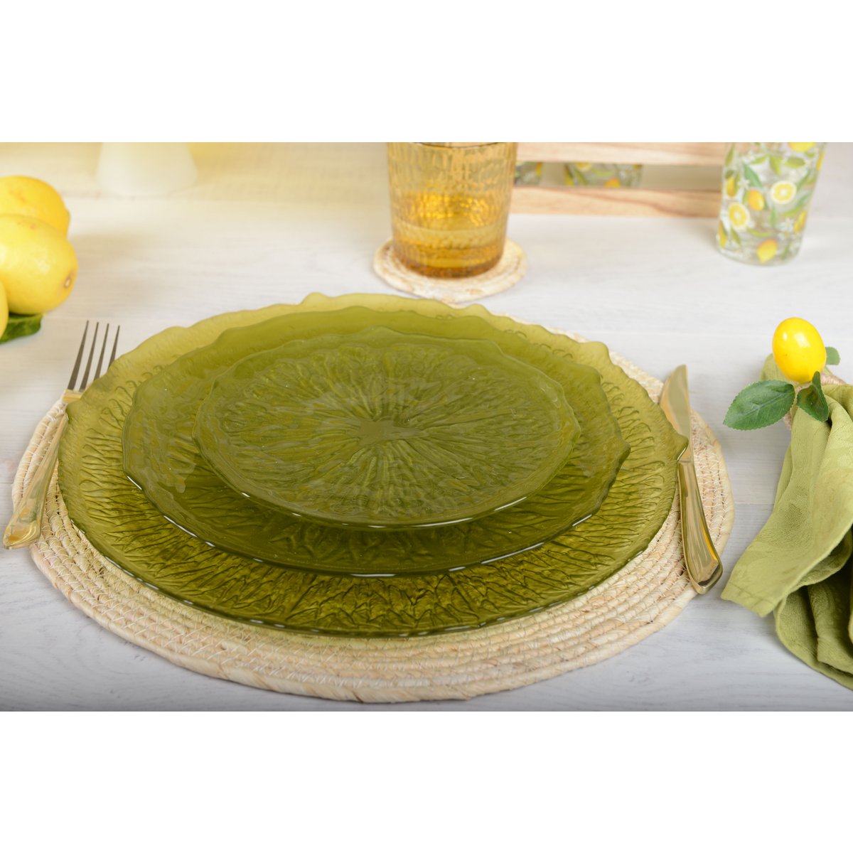 Green lemon-shaped glass plate, fresh serving dish, kitchen decor | CozyVibe