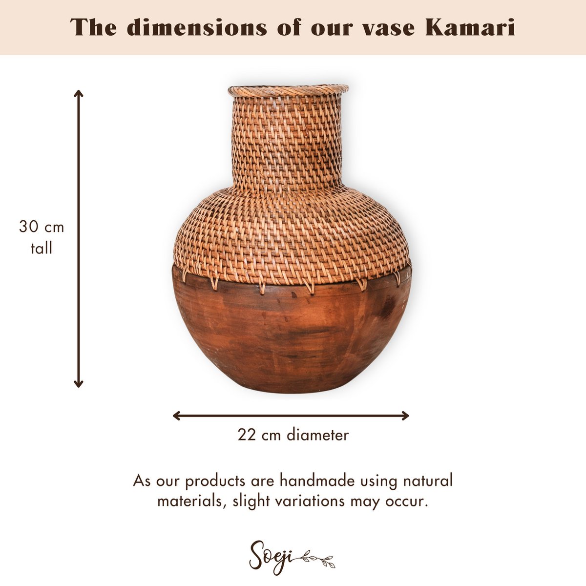 KAMARI Brown Rattan Vase – Small Wooden Boho Decor Vase - CozyVibe.eu