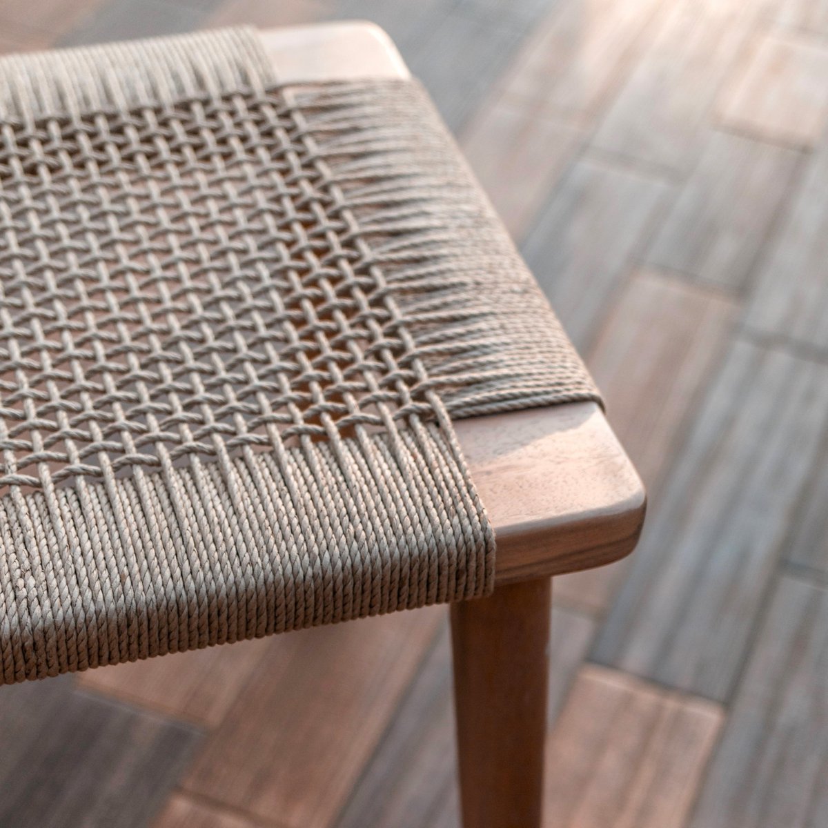 Large Wooden Stool SUNDA made of Trembesi with a Seating Surface from Woven Recycled Paper - CozyVibe.eu