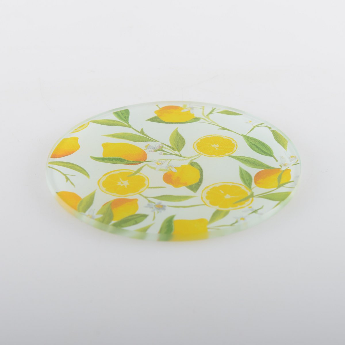 Set of glass coasters with lemon design, durable and elegant=