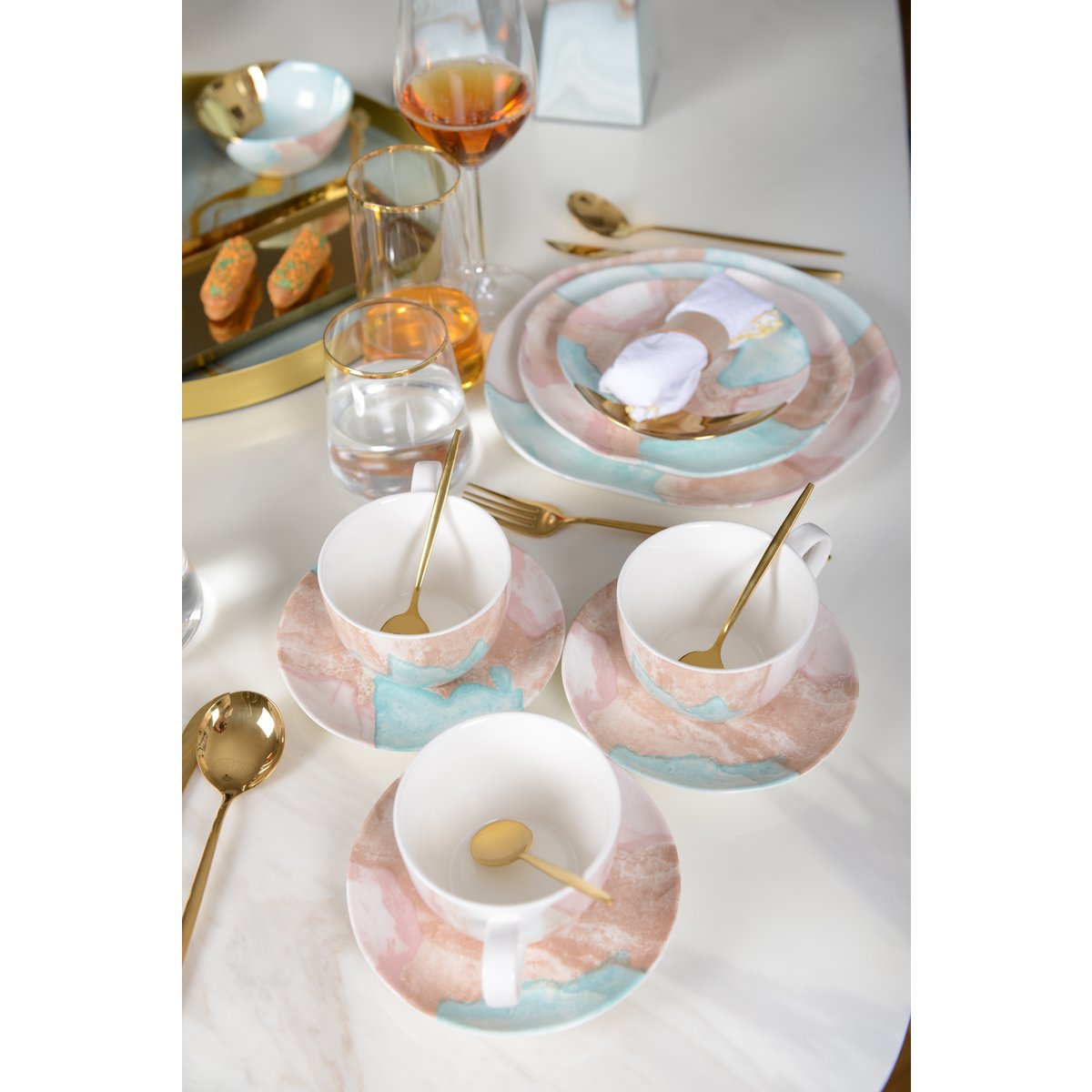 Marble design porcelain coffee cup set with saucers, perfect for kitchen decor | CozyVibe