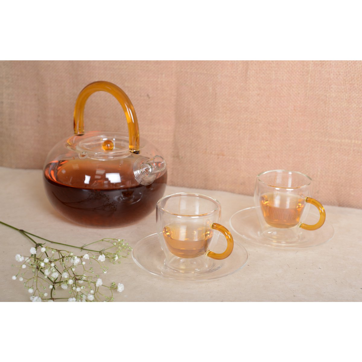 Set of 2 double-wall glass espresso cups with yellow handle, stylish tableware and home decor | CozyVibe

