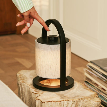 Black and grey LED table lamp with wooden details, cordless and dimmable