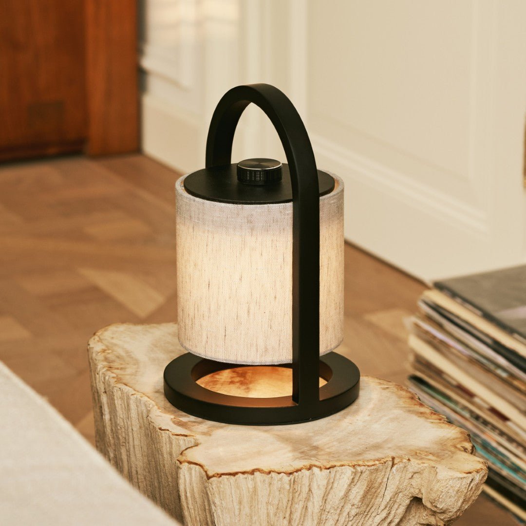 Sleek cordless lamp with dimmer, wood base, River black & grey model