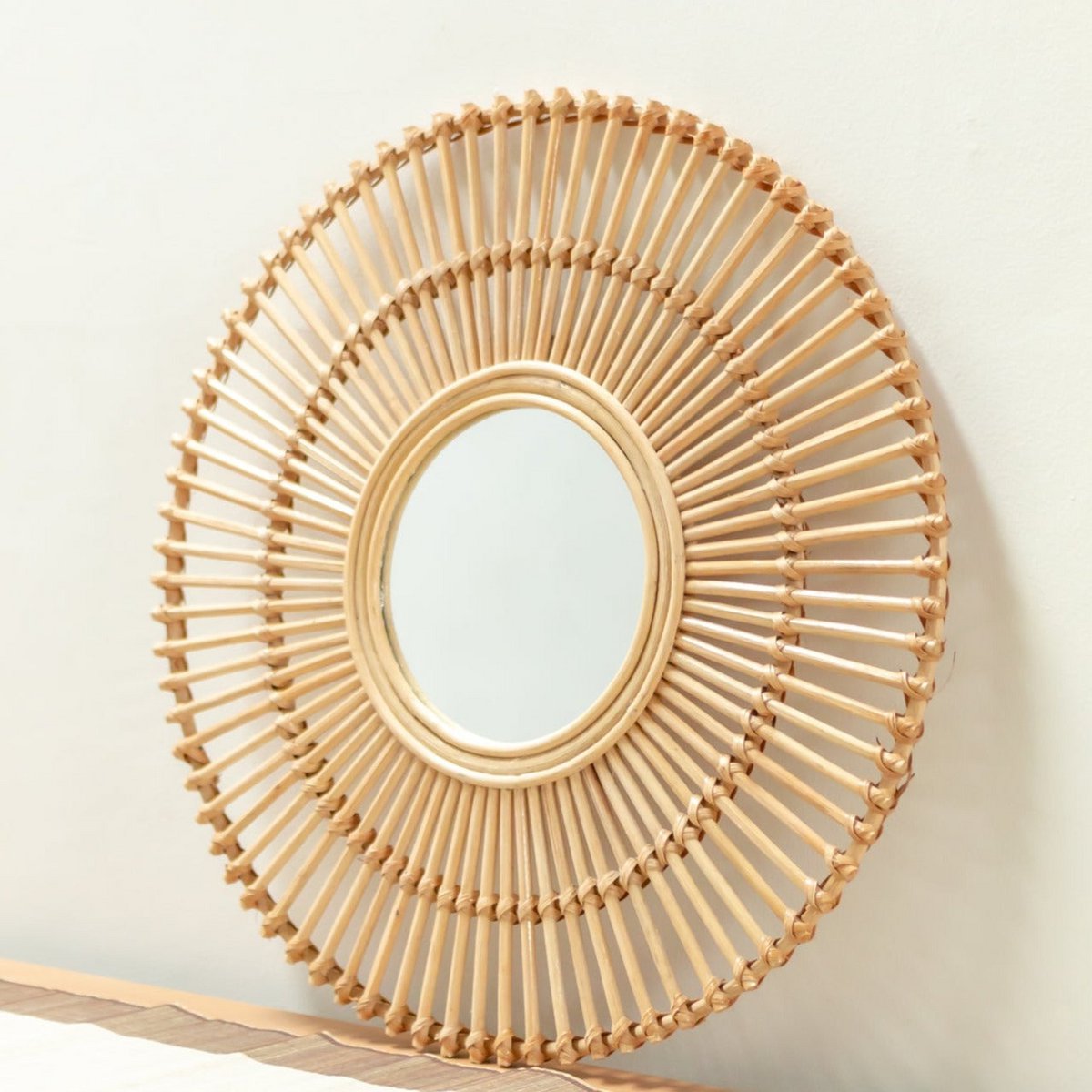 Round Rattan Mirror 58 cm | Handmade Boho Wall Mirror BUMI - CozyVibe.eu