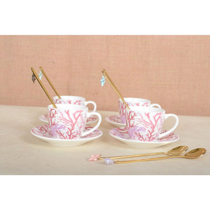 Elegant coral-themed coffee cups and saucers, ideal for home decoration and tableware | CozyVibe

