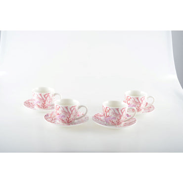 Set of 4 coral design coffee cups with saucers, stylish tableware and home decor | CozyVibe

