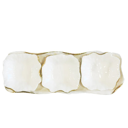 Snacks set of 3 bowls on a white porcelain tray with golden edges - CozyVibe.eu