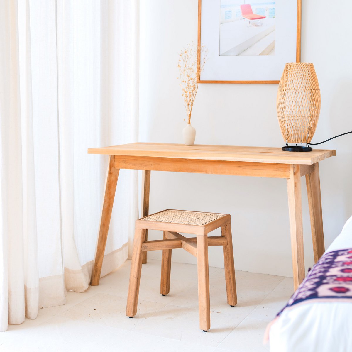 SUBANG Wooden Stool – Handmade Square Stool with Rattan - CozyVibe.eu