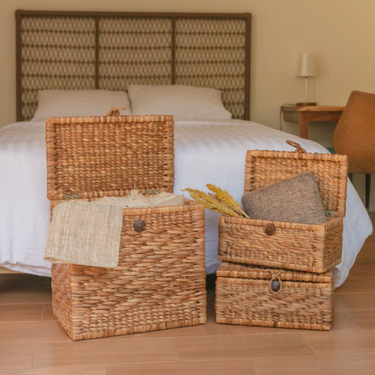 Trunk Basket | Laundry Basket with Lid KELANA made from Water Hyacinth (2 sizes) - CozyVibe.eu