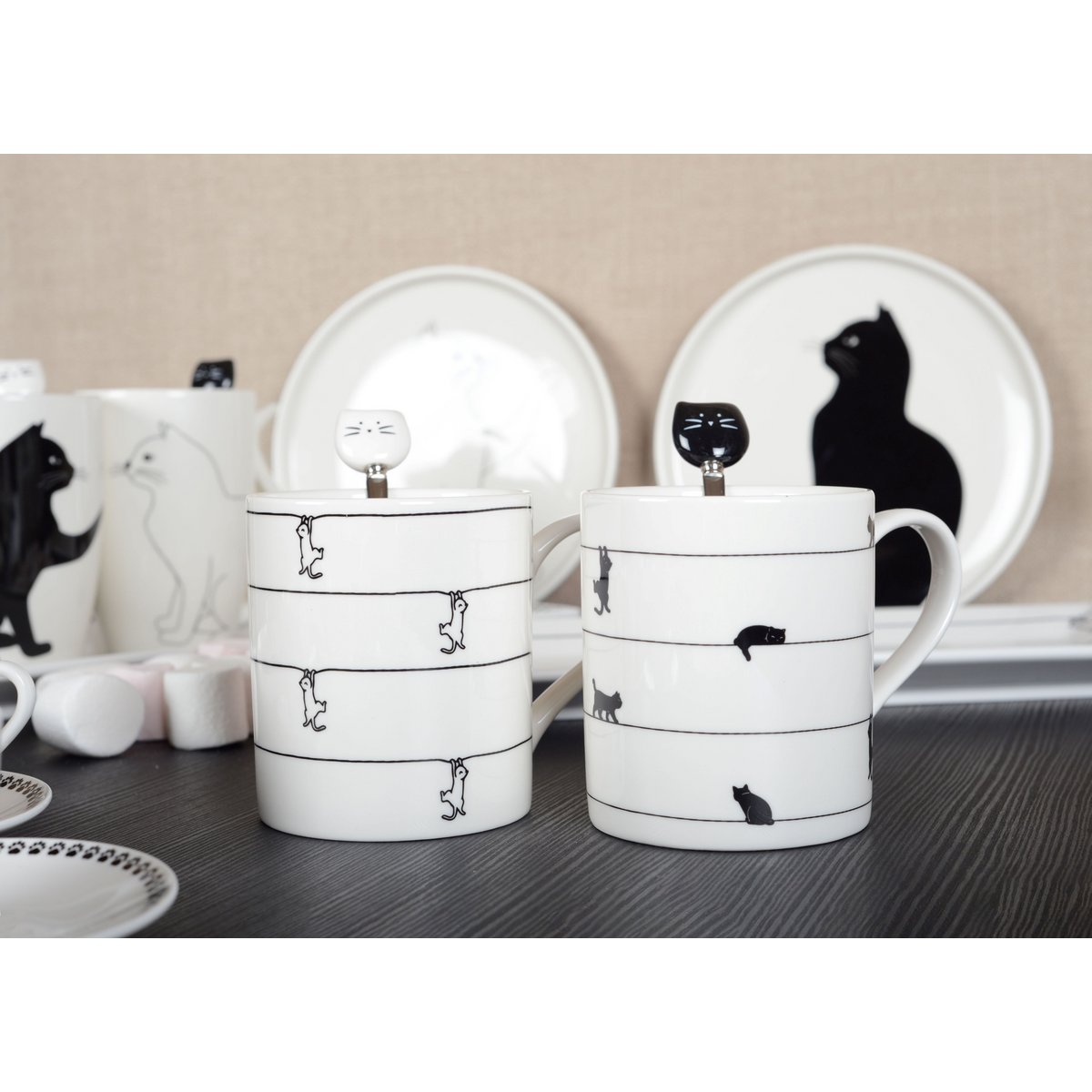 Set van 2 witte keramische theekopjes met kattenmotief – 9,5 cm