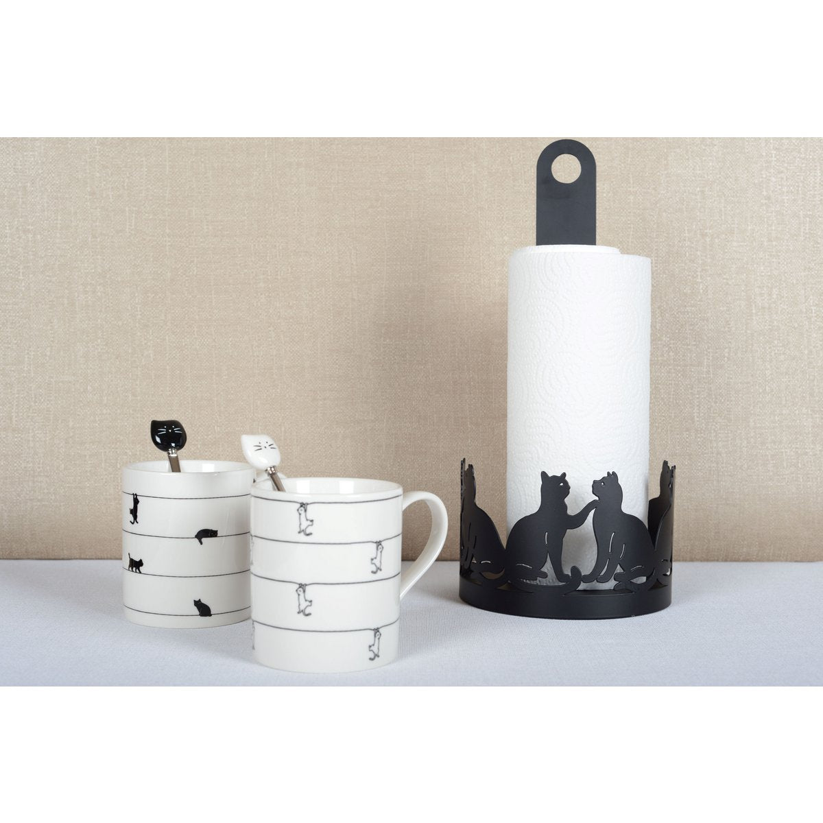 Set van 2 witte keramische theekopjes met kattenmotief – 9,5 cm