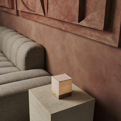 Portable wireless table lamp with wooden base and linen fabric shade